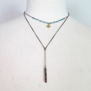 A.V. MAX SILVER TONE DOUBLE STRAND WITH BLUE BEADS LAYERED NECKLACE